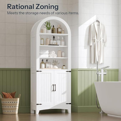 HOOBRO 67" Tall Bathroom Storage Cabinet, Arched Freestanding Floor Cabinet with 3 Adjustable Shelves and 2 Doors for Small Space, Space Saving Organizer for Bathroom, Kitchen, Living Room, White