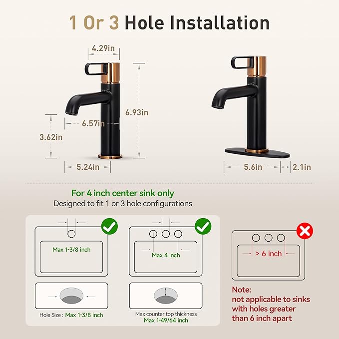 Single Hole Bathroom Faucet | 6.9" Black and Gold Luxury Single Handle Bathroom Faucet with Solid Brass Body, Spot-Free Finish & Anti-Splash Design | 1 or 3 Hole | Easy Installation