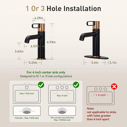 Single Hole Bathroom Faucet | 6.9" Black and Gold Luxury Single Handle Bathroom Faucet with Solid Brass Body, Spot-Free Finish & Anti-Splash Design | 1 or 3 Hole | Easy Installation