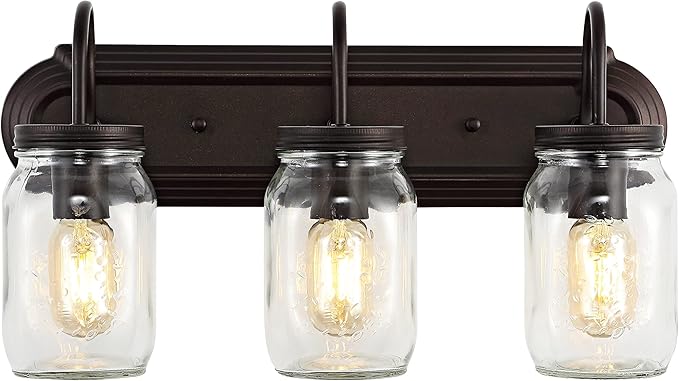 JONATHAN Y 19.3" Oil Rubbed Bronze 3-Light Iron and Glass Mason Jar Vanity Light, Farmhouse Industrial Rustic Wall Sconce for Bathroom, UL Listed, LED Bulbs Included JYL7801A