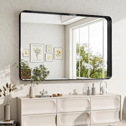 Bathroom Mirrors for Over Sink 24 x 32 Inch Rounded Rectangle Bathroom Vanity Mirror Bathroom Mirror for Wall Hangs Horizontally or Vertically for Living Room Bedroom Entryway Black