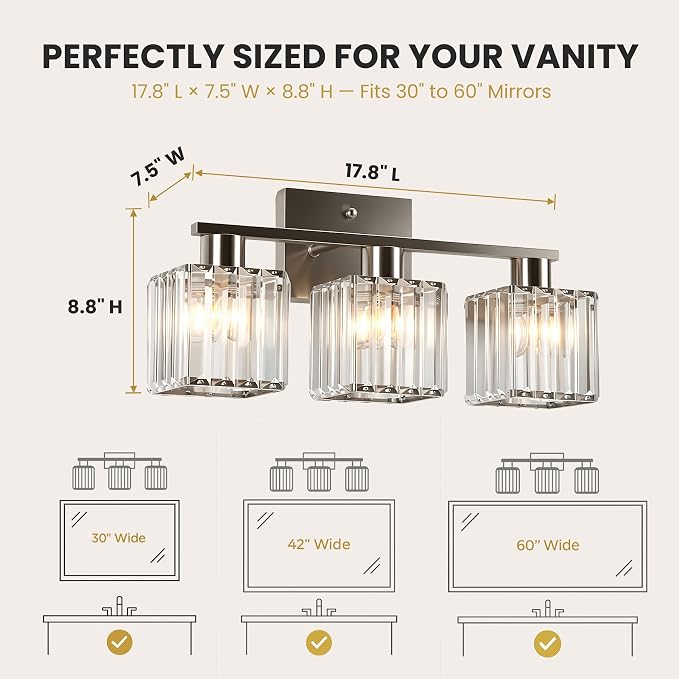 Crystal Bathroom Light Fixtures, 3-Light Brushed Nickel, Vanity Lights for Bathroom Over Mirror, Modern Bath Wall Sconce for Mirror Bedroom Living Room