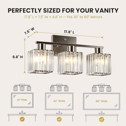 Crystal Bathroom Light Fixtures, 3-Light Brushed Nickel, Vanity Lights for Bathroom Over Mirror, Modern Bath Wall Sconce for Mirror Bedroom Living Room