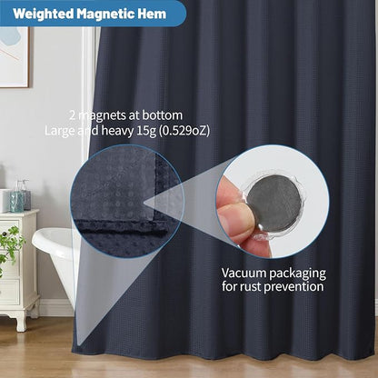 2-in-1 Waterproof Fabric Shower Curtain - No Separate Liner Needed, Hotel-Style Waffle Weave, Effortless Cleaning & Washable Bathroom Shower Curtain Set,72Wx78H,Navy Blue