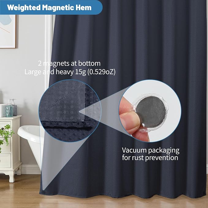 2-in-1 Waterproof Fabric Shower Curtain - No Separate Liner Needed, Hotel-Style Waffle Weave, Effortless Cleaning & Washable Bathroom Shower Curtain Set,72Wx72H,Navy Blue