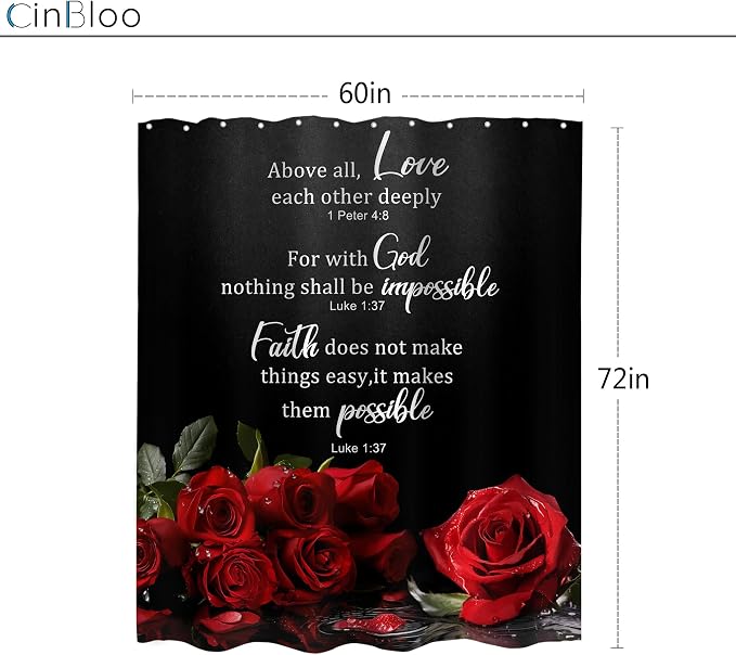 Black Red Rose Floral Christian Women Vintage Bathroom Shower Curtain Set | 60"W x 72"H Flower Inspirational; waterproof HD print, quick-dry fabric and plastic hooks for easy setup.