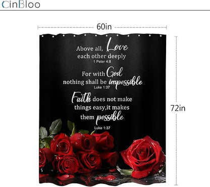 Black Red Rose Floral Christian Women Vintage Bathroom Shower Curtain Set | 60"W x 72"H Flower Inspirational; waterproof HD print, quick-dry fabric and plastic hooks for easy setup.