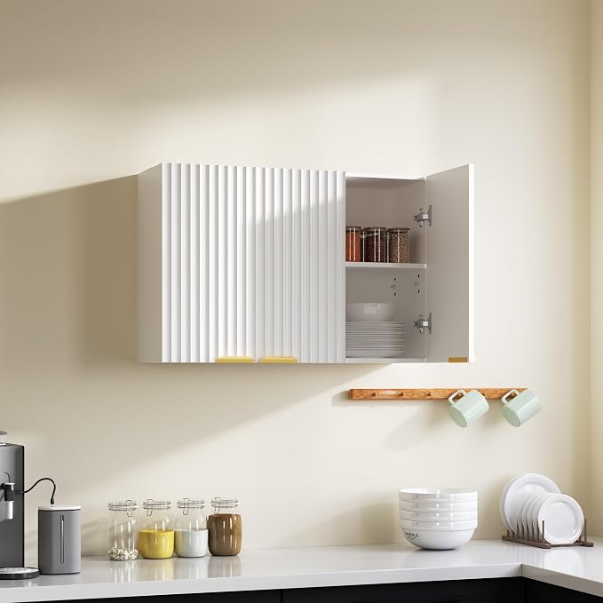 ChooChoo Bathroom Wall Cabinet, Laundry Room Cabinet with 3 Fluted Doors | Kitchen Storage Cupboard Cabinet with Adjustable Shelf, Fluted Wall-Mounted Medicine Cabinet for Kitchen, Garage, White
