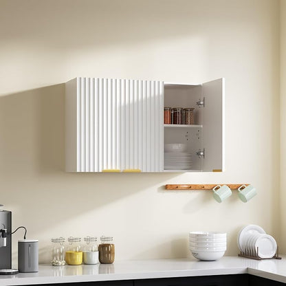 ChooChoo Bathroom Wall Cabinet, Laundry Room Cabinet with 3 Fluted Doors | Kitchen Storage Cupboard Cabinet with Adjustable Shelf, Fluted Wall-Mounted Medicine Cabinet for Kitchen, Garage, White