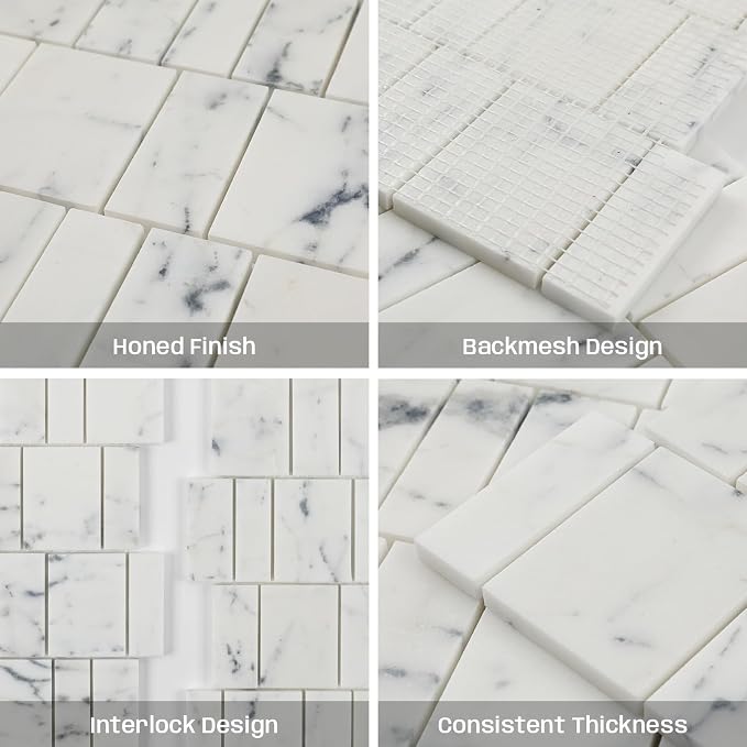 White Marble Mosaic Tile Honed for Kitchen Backsplash Bathroom Shower | Water Resistant Heat Resistant Marble Backsplash Tiles for Wall Floor Fireplace Surround 4SQFT Durable Nature Veins