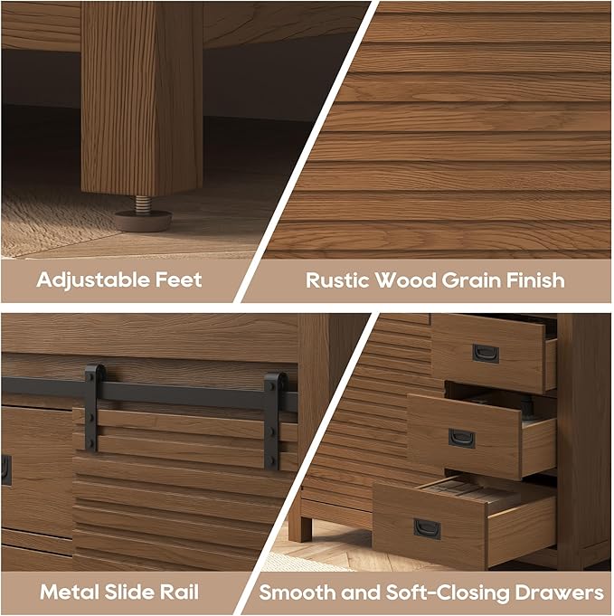 36 Inch Bathroom Vanity with Sink, Farmhouse Solid Wood Frame Vanity with Sink, Sliding Barn Door Bathroom Storage Cabinet with Soft-Closing Dovetail Drawers, Brown Oak