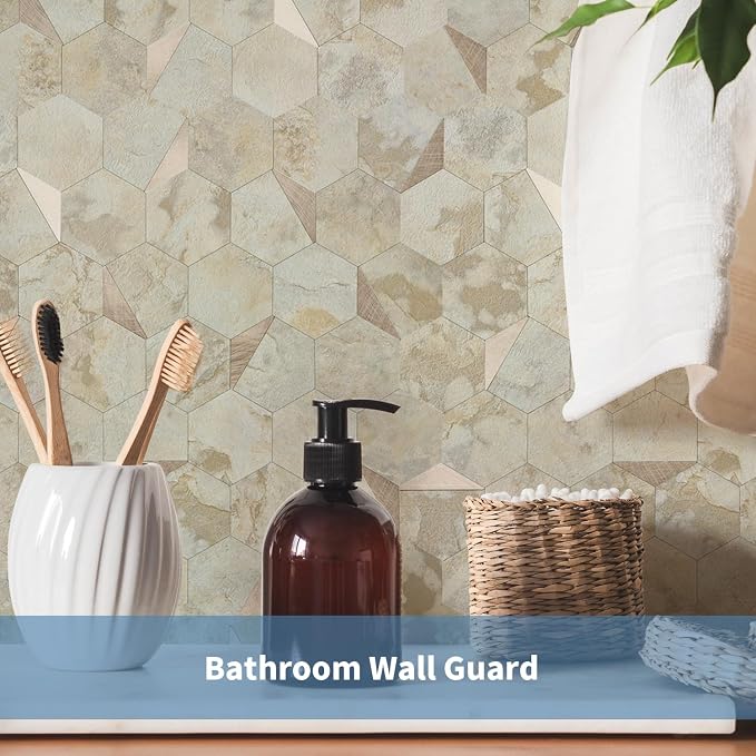 20 Sheets Hexagon Peel and Stick Backsplash for Kitchen Wall, Heat Resistant Stick on Backsplash PVC Smart Tiles, 12'' Ecru Beige Stone Waterproof Peel and Stick Tile for Bathroom
