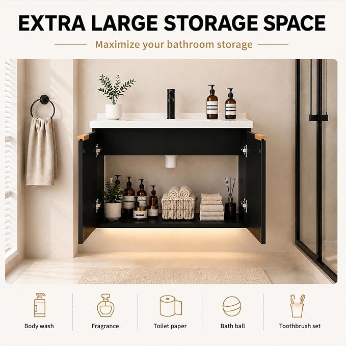 30" Floating Bathroom Vanity with Sink, Wall Mounted Bathroom Vanity Set with Fluted Doors, USB-Powered RGB LED Strip, Soft-Close Doors, Gold Handles, Black