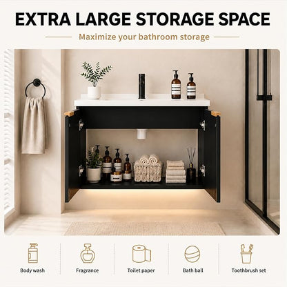 30" Floating Bathroom Vanity with Sink, Wall Mounted Bathroom Vanity Set with Fluted Doors, USB-Powered RGB LED Strip, Soft-Close Doors, Gold Handles, Black