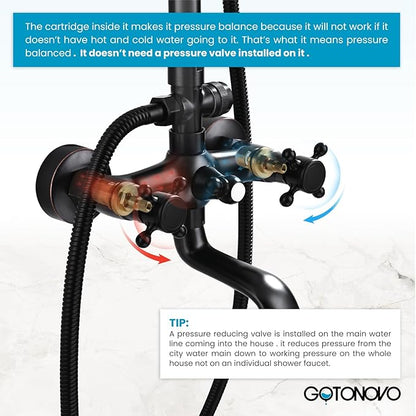 gotonovo Exposed Bathroom Shower Faucet Wall Mounted Shower System 8 Inch Shower Head and Tub Spout Double Cross Handles Adjustable Handheld Sprayer Straight Pipe Oil Rubbed Bronze