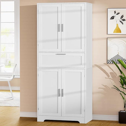 Iwell 67" Tall Storage Cabinet with Adjustable Shelf & 1 Large Drawer, Pantry Cabinet with 4 Doors, Kitchen Cabinets for Dining Room, Living Room, Home Office, White | Adjustable Shelf