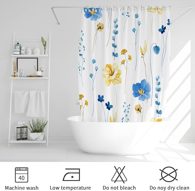 Blue Yellow Watercolor Floral Fabric Shower Curtain, 72x72 | Waterproof Fabric, Modern Minimalist Floral Print, Machine Washable, Rustproof Grommets, Fade Resistant, for Bath Home RV