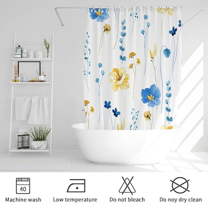 Blue Yellow Watercolor Floral Fabric Shower Curtain, 72x72 | Waterproof Fabric, Modern Minimalist Floral Print, Machine Washable, Rustproof Grommets, Fade Resistant, for Bath Home RV