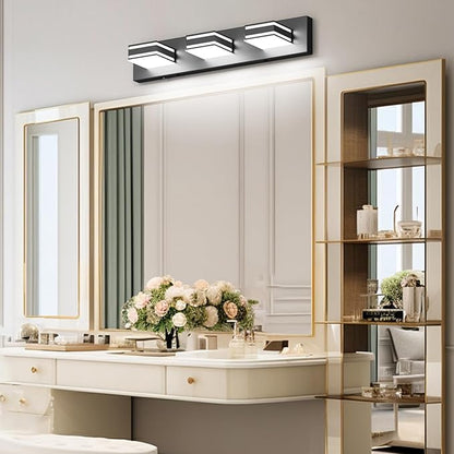 Ralbay 24inch Black Bathroom Vanity Lights with 5 Color Temperatures (3000K-6000K) Dimmable Modern Metal Acrylic LED Matte Black Bathroom Wall Lighting Fixtures (3-Light)