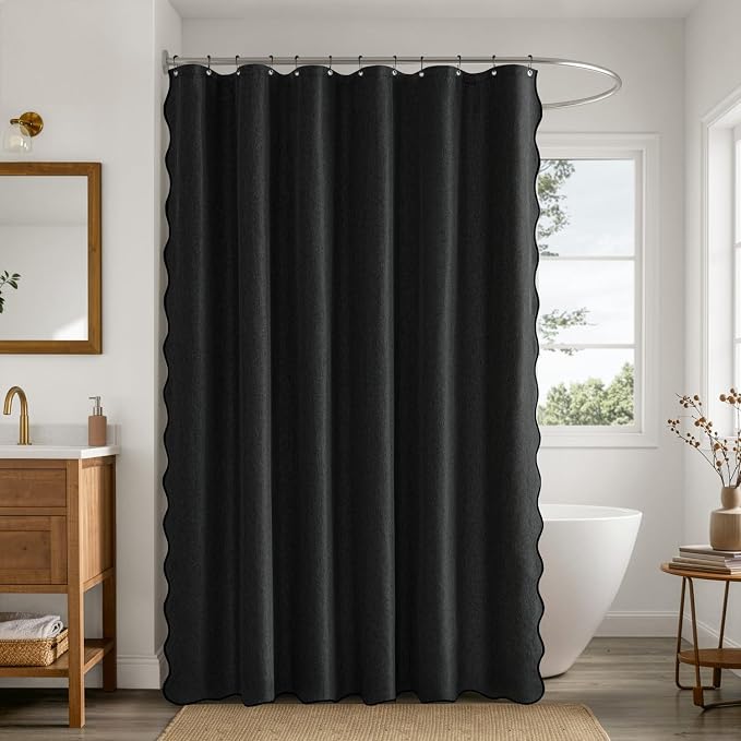 ANRODUO Black Scalloped Linen Textured Shower Curtain, W72 x L96 | Boho Farmhouse Shower Curtain with 12 Metal Hooks, Machine Washable Waterproof Heavy Duty Fabric for Bathroom Bathtub
