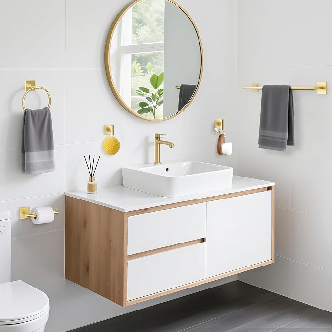 TURS Brushed Gold 4-Pieces Towel Ring Set Include Towel Ring Toilet Paper Holder Towel Hook SUS304 Stainless Steel Bathroom Accessories Kit Wall Mounted