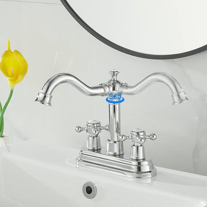 Polished Chrome Bathroom Faucet 2 Handles 4 Inches Centerset Bathroom Vanity with Drain Assembly and Supply Hose Lavatory Faucet