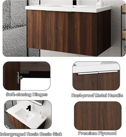 Goujxcy 36" Wall Mounted Bathroom Vanity with Sink, Modern Floating Bathroom Cabinet with White Resin Wash Basin & Storage Cabinet, Soft-Close Door Wood Hanging Bath Room Cabinet