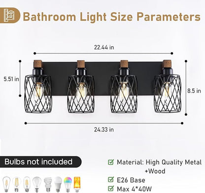 4-Light Farmhouse Bathroom Vanity Light, Wood Bathroom Lighting Fixtures Over Mirror, Black Bathroom Light Fixtures with Cage Metal Shade, Rustic Vanity Light with E26 Base