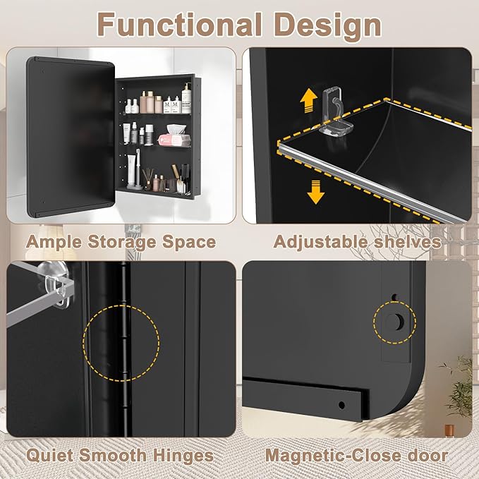 16x27.5 Medicine Cabinet with Mirror, Fully Assembled Recessed or Wall-Mounted Bathroom Mirrored Cabinet with Adjustable Storage Shelves for Vanity, Metal, Black