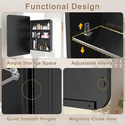 24x32 in Medicine Cabinet with Mirror for Bathroom, Matte Black | Fully Assembled; Recessed or Surface Wall Mount; Metal Cabinet with Tempered Glass Mirror and Two Adjustable Glass Shelves