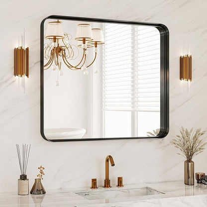 28x32 Inch Black Metal Framed Bathroom Mirror for Wall, HD Tempered Glass | Vanity Mirror for Over Sink, Anti-Rust Aluminum Alloy Mirror, Farmhouse, Horizontally or Vertically Hanging
