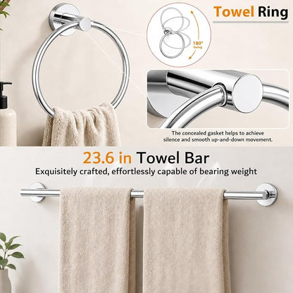 5Piece Polished Chrome Bathroom Hardware Accessories Set, 24" Towel Bar Set | Bathroom Towel Rack Set with Wall Mounted SUS304 Stainless Steel , Double Post Toilet Paper Holder, Towel Ring & Robe Hooks