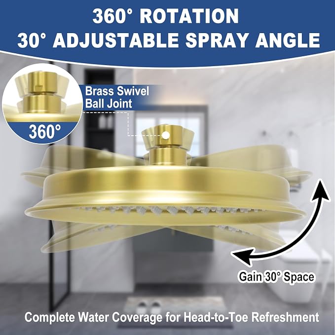 Single Round Rain Shower Head, 9 inches High-Pressure Rainfall Showerhead with Silicone Nozzle, Modern Bathroom Vintage Shower Overhead Heads (Brushed Gold, Stainless Steel Thickness)