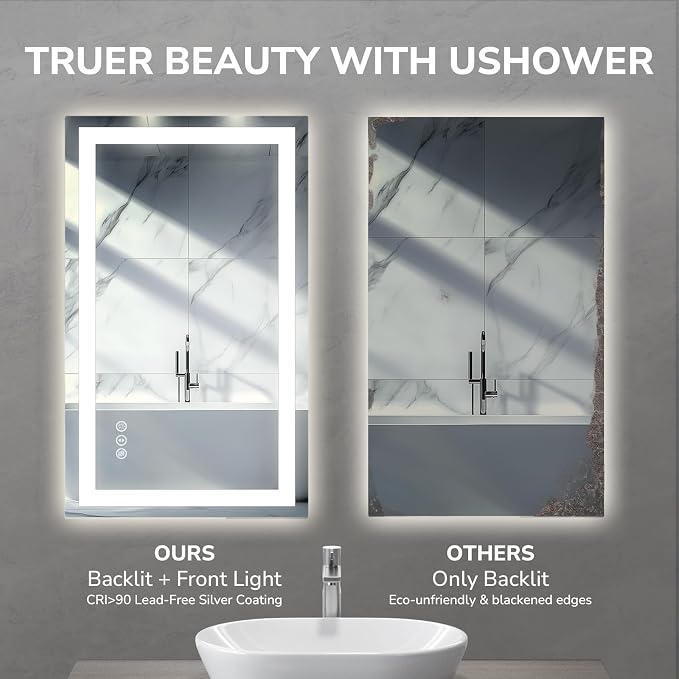 LED Bathroom Mirror 24x36 Inch Tempered Glass - Frameless LED Backlit Lighted Mirror for Bathroom Vanity with Anti-Fog, 3 Colors Dimmable, Memory Function, Wall-Mounted | Tempered Glass - Frameless Backlit Lighted Mirror for Bathroom Vanity with Anti-F...