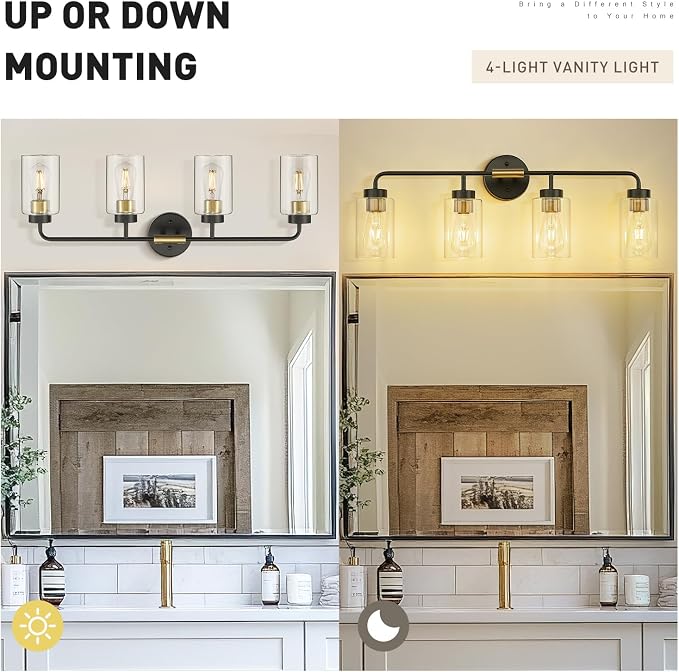 zeyu Farmhouse 4-Light Bathroom Vanity Light, 30 Inch Bathroom Lights Over Mirror, Black and Gold Finish with Clear Glass, ZS62B-4W BK+BG