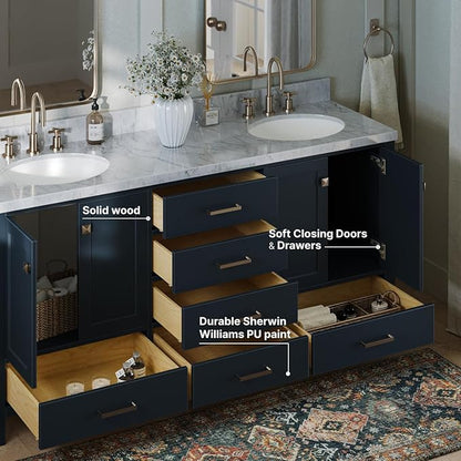 ARIEL Cambridge 72-inch Bathroom Vanity with Sink,Solid Wood, 1.5-inch Italian Carrara Marble Countertop, Double Oval Porcelain Sink, 4 Soft Closing Doors, 6 Dovetail Drawers, Midnight Blue