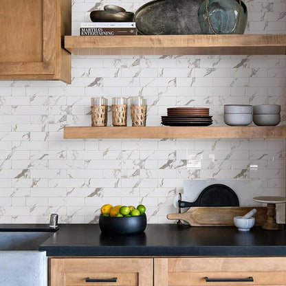 Vamos Tile Peel and Stick Backsplash, Glossy 40-Piece 3''x12'' Subway Tile | White Marble with White Grout Wall Tile,PVC Faux Stone Stick on Subway Tiles for Kitchen,Bathroom,Laundry,Camper