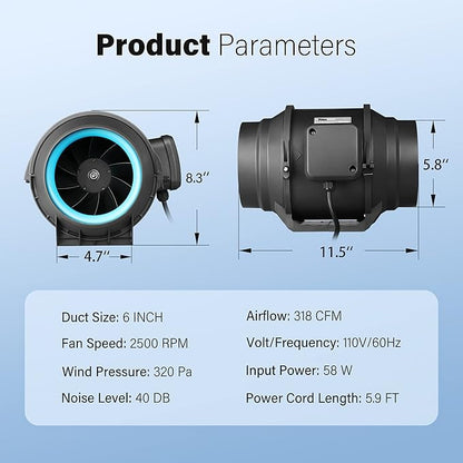 iPower 6 Inch 318 CFM Inline Duct Ventilation Fan Combo, for Grow Tent, Black