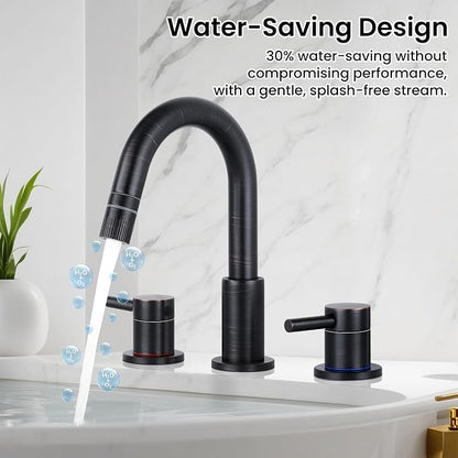 Pull-Down Bathroom Faucet 3 Hole 8 Inch with Pop-Up Drain,Oil Rubbed Bronze | 360° Swivel Spoutr & Dual Modes,8" Widespread 2-Handle, Pop-Up Drain & 10-Min Install for 3-Hole Bathroom Sink Faucets.