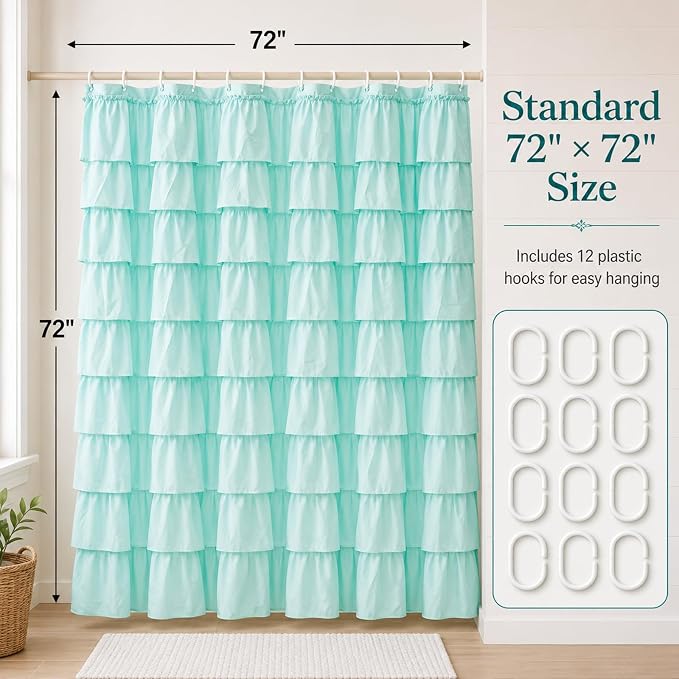 Teal Ruffle Shower Curtain, Elegant Boho Bathroom Decor, Extra Long Textured Fabric, Rustic Farmhouse Style, Chic Girly Aqua Curtains, Privacy & Decorative Design, 72 x 72 inch
