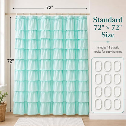 Teal Ruffle Shower Curtain, Elegant Boho Bathroom Decor, Extra Long Textured Fabric, Rustic Farmhouse Style, Chic Girly Aqua Curtains, Privacy & Decorative Design, 72 x 72 inch
