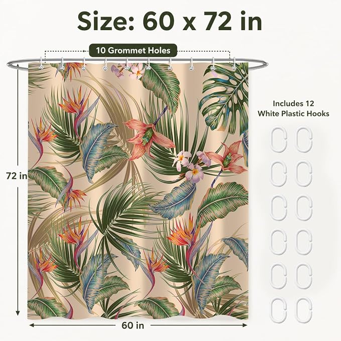 Tropical Shower Curtain, Colourful Leaves Floral Palm Leaf Hawaiian Botanical Plant Bathroom Decor, Waterproof Cloth Fabric Bath Curtain with Hooks 60 x 72 inch