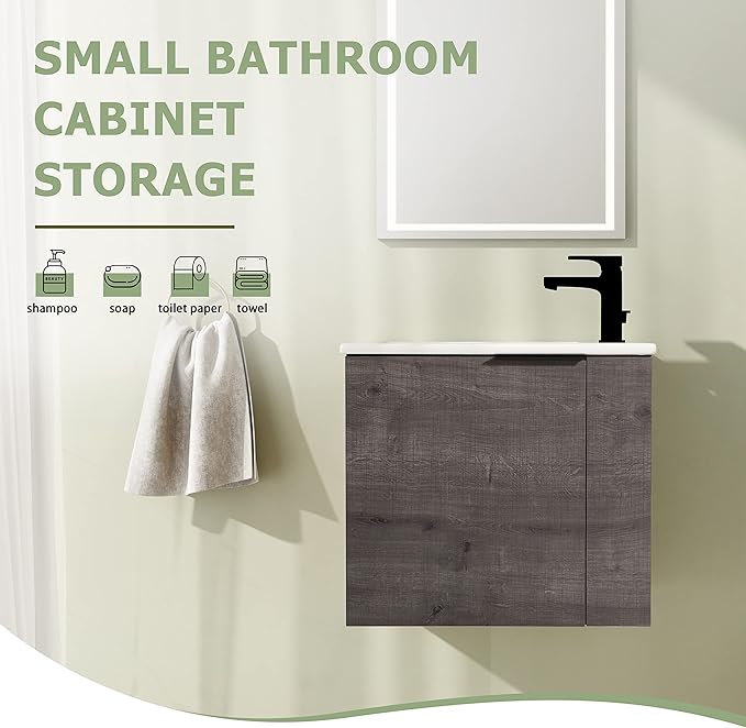 22" Bathroom Vanity with Sink, 22 Inch Floating Bathroom Vanity for Small Space, Modern Bathroom Vanity, Grey Wall Mounted Cabinet Set（002）