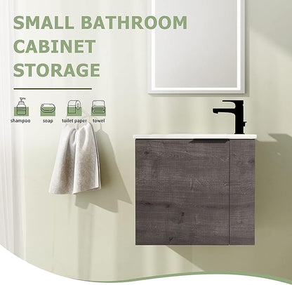 22" Bathroom Vanity with Sink, 22 Inch Floating Bathroom Vanity for Small Space, Modern Bathroom Vanity, Grey Wall Mounted Cabinet Set（002）