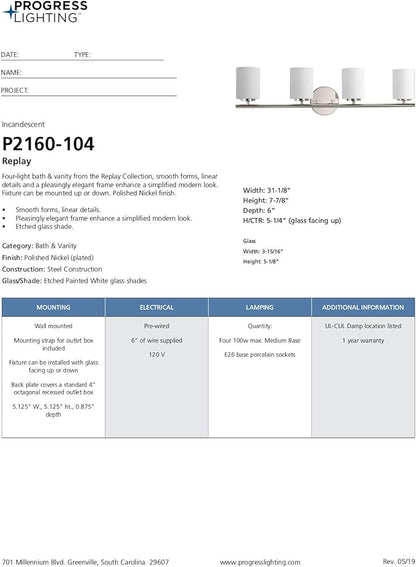 Progress Lighting Replay Collection 4 Light Bathroom Vanity Light, Modern Bath Lighting Fixture with Etched White Glass Shades for Over The Mirror, Reversible Mounting, Polished Nickel