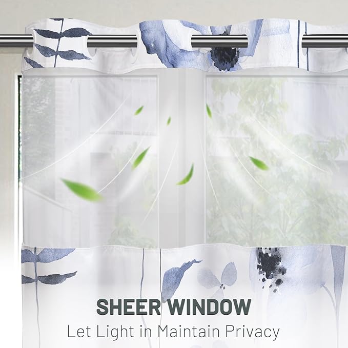 No Hook Floral Shower Curtain with Liner, Navy, 71x74 | Snap in Liner, 3 in 1, Water Repellent, Easy Install, Machine Washable, Hotel Style for Bathroom, Watercolor Pattern