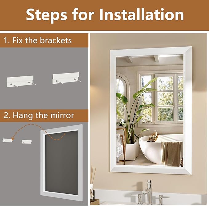 SMIROR 28x32 Matte White Bathroom Vanity Mirror for Over Sink | Metal Wide Frame, Rectangle, Right- Angle Corner, Anti-Rust, Horizontally or Vertically Wall- Mounted for Home Remodel