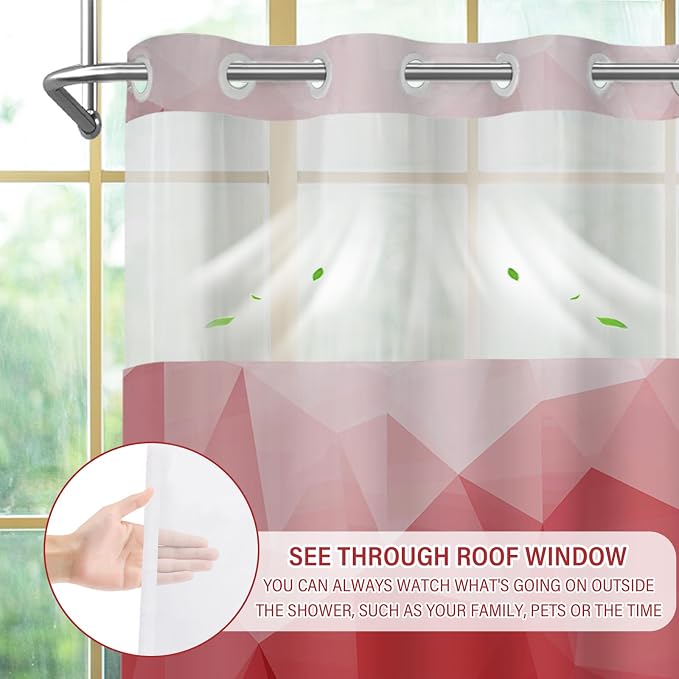 No Hook Shower Curtain with Snap in Liner Set, Red, 71x86 | Waterproof Fabric for Bathroom, Modern Hotel Style Ombre Design, Mesh Top Window, Machine Washable, Quick Install