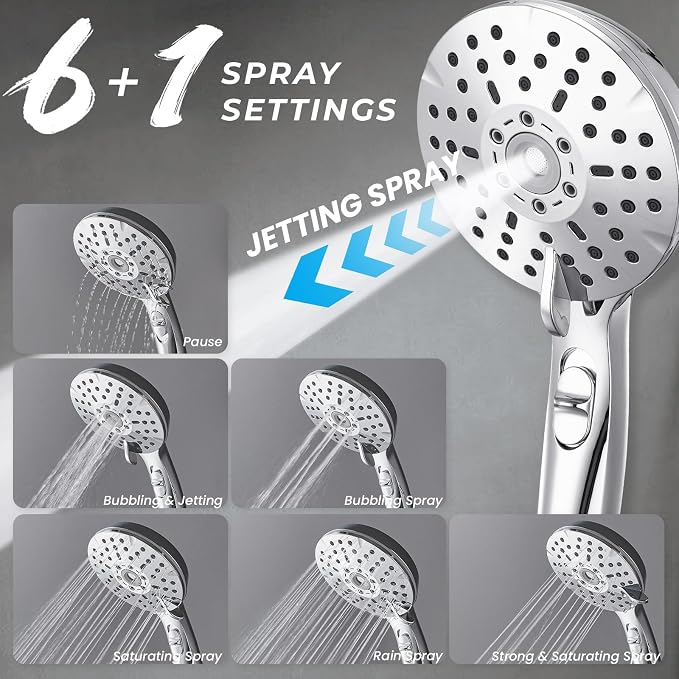 Dual Shower Head Combo, 8'' High Pressure Rain Shower Head with Handheld Spray, 6+1 Spray Settings Handheld Showerhead, Height Adjustable, One-touch Pause Button, Chrome Polished