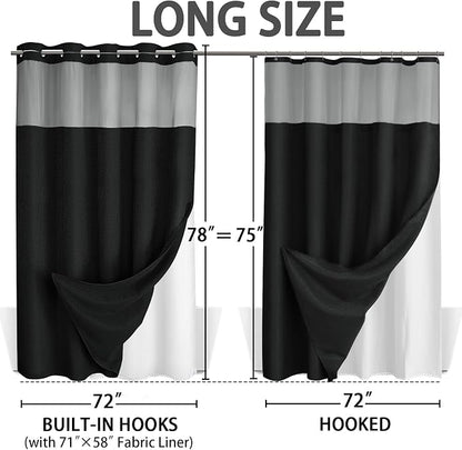 No Hook Shower Curtain and Liner Set,Black Hotel Waffle Shower Curtain with Liner 78" L x 72" W